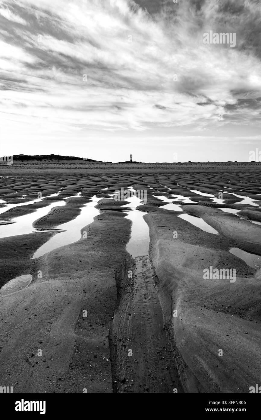Vue monochrome de crêtes de sable sculptées et de bassins peu profonds à marée basse sur Hörnum Odde, Sylt, avec un phare lointain sous un ciel vespéral texturé. Banque D'Images