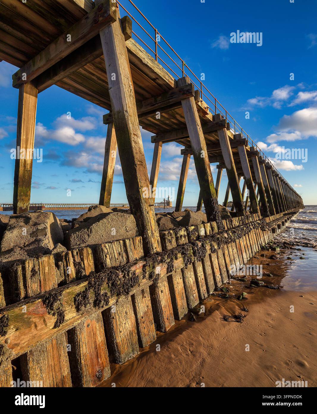 Une vue matinale en été par une journée ensoleillée du pier ouest de Blyth à Blyth dans le Northumberland, regardant vers le pier est et le phare du port de Blyth Banque D'Images