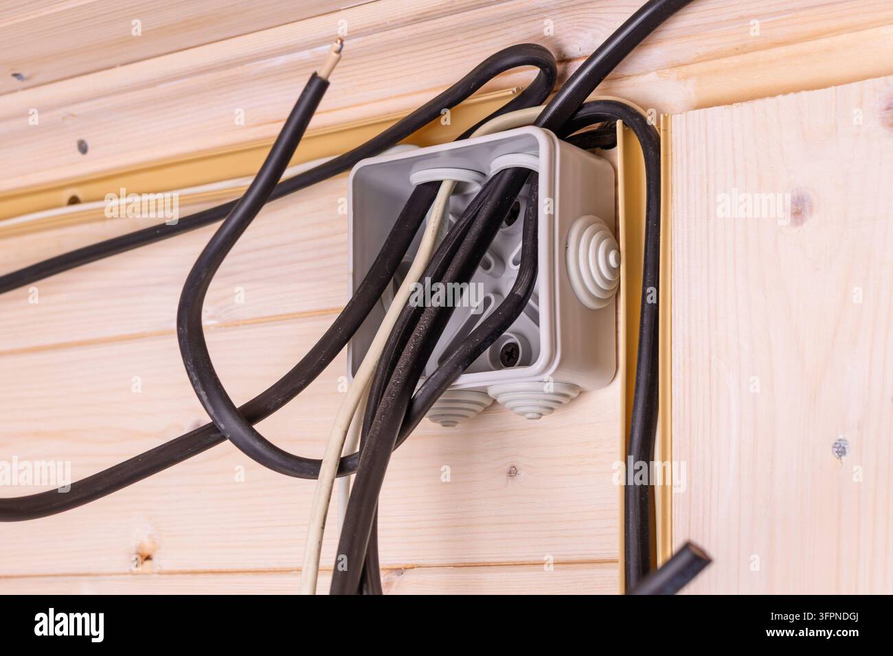 Boîtier électrique ouvert avec plusieurs fils noirs et blancs dépassant d'un mur en bois, montrant l'étape d'installation et l'importance de la sécurité. Banque D'Images