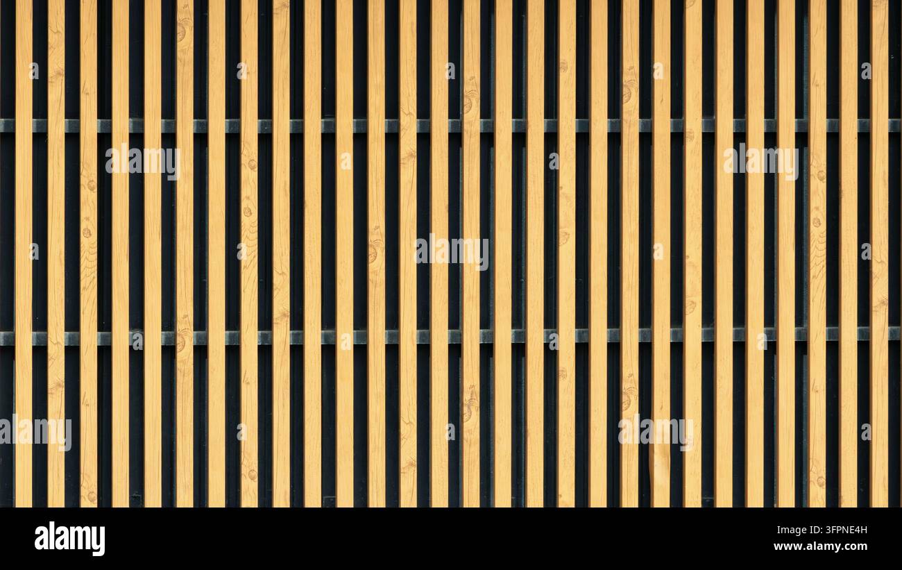 Des lattes de bois verticales disposées selon un motif régulier créent un écran décoratif moderne, combinant texture naturelle et symétrie géométrique. Banque D'Images