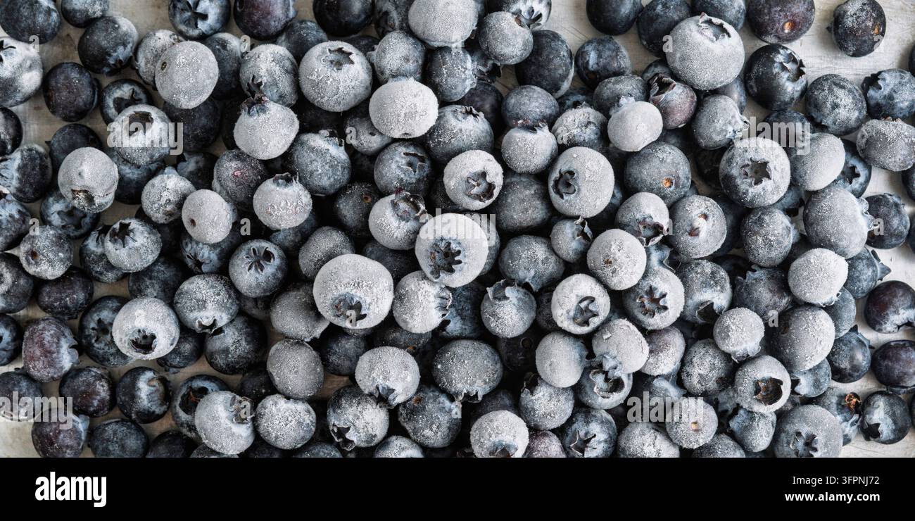 Les myrtilles congelées créent un fond de bannière texturé et frais pour la conception de plats sains, les publicités pour régimes, les menus de smoothies et les promotions saisonnières. Banque D'Images