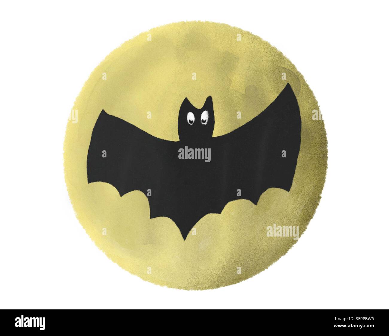 Chauve-souris de dessin animé noire volant devant une pleine lune jaune avec un effet aquarelle texturé Banque D'Images