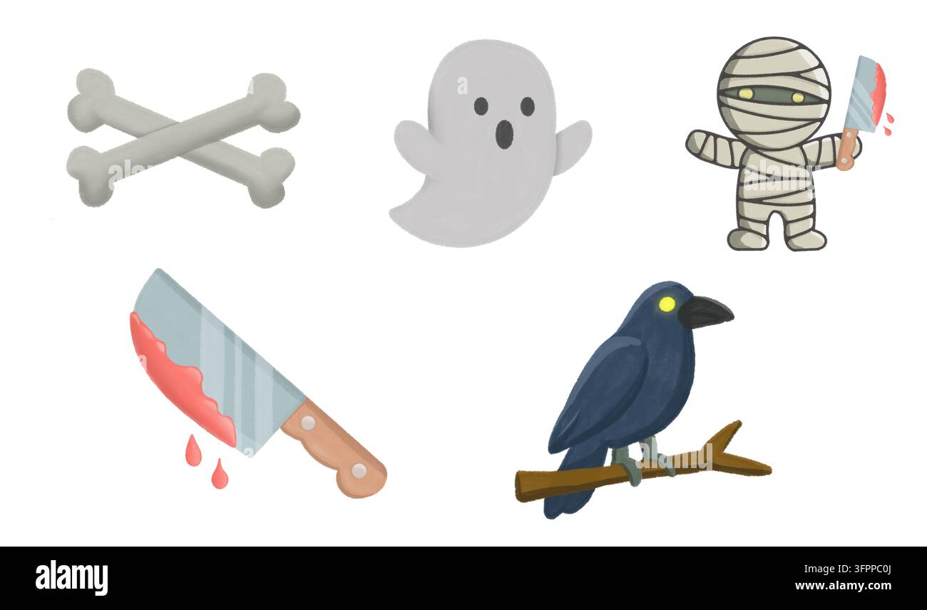 Bundle d'éléments Halloween avec momie fantôme, couteau ensanglanté, corbeau et os croisés Banque D'Images
