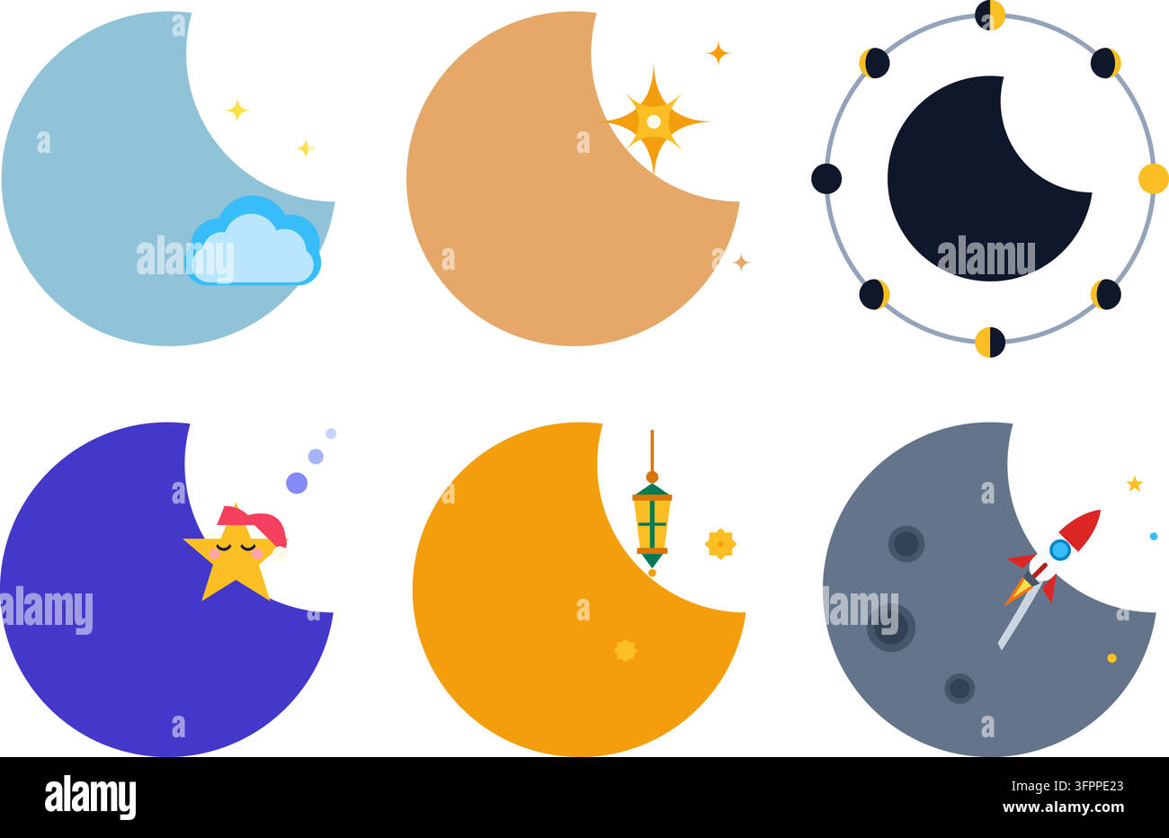 Ensemble de six icônes vectorielles colorées représentant des croissants de lune avec des étoiles, des nuages, des lanternes et des fusées sur fond blanc Illustration de Vecteur