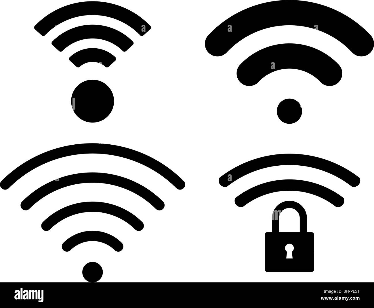 Ensemble d'icônes noires de force du signal WiFi avec symbole de cadenas isolé sur fond blanc Illustration de Vecteur