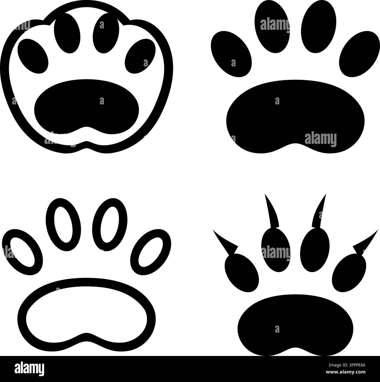 Ensemble de six icônes d'empreintes de pattes d'animaux noires en style vecteur avec griffes et coussinets isolés sur fond blanc Illustration de Vecteur
