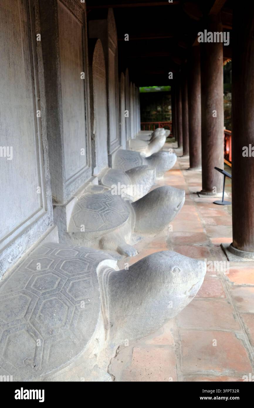 Temple de la littérature. Longue rangée de tortues de pierre soutenant des stèles doctorales gravées. Hanoi. Vietnam. Banque D'Images
