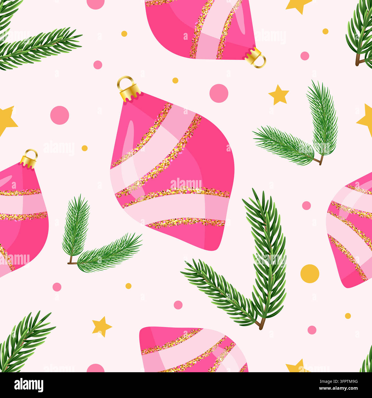 Motif de Noël sans couture avec ornements roses de style rétro, branches d'épicéa et étoiles dorées. Illustration de Vecteur