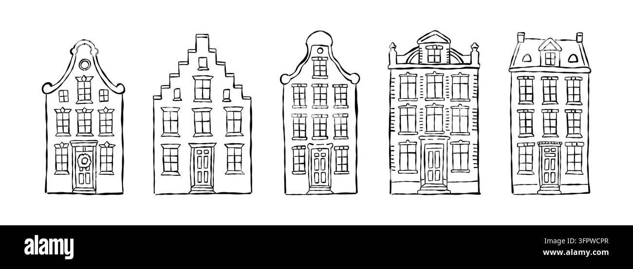 Ensemble d'art linéaire dessiné à la main composé de cinq façades de maisons de ville traditionnelles européennes inspirées de l'architecture néerlandaise et d'Amsterdam pour des illustrations de voyage, scèn Illustration de Vecteur