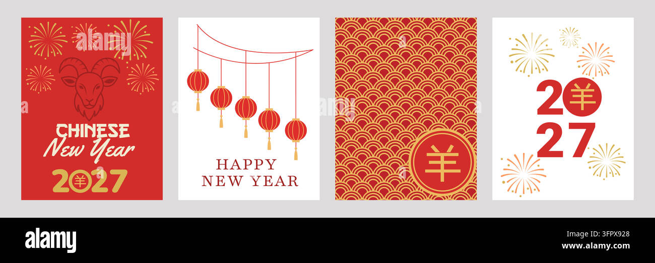 Nouvel An chinois 2027, Année du Bouc. Un ensemble de cartes de vœux représentant un bouc Illustration de Vecteur