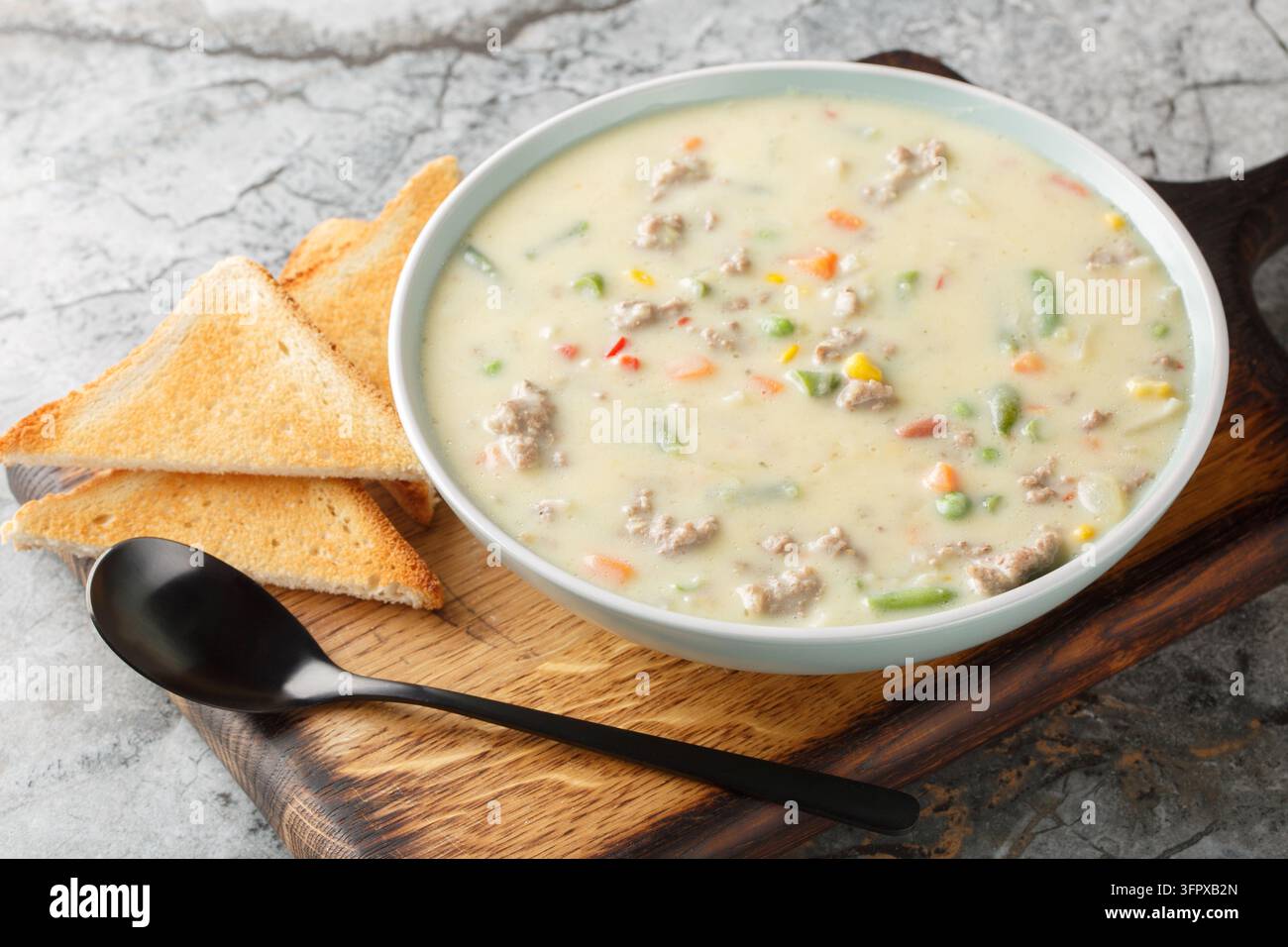 La soupe Shepherd's Pie est de la nourriture réconfortante pure et simplifiée, avec des pommes de terre tendres, du bœuf assaisonné et tous les légumes dans un bouillon crémeux en gros plan sur l'assiette Banque D'Images