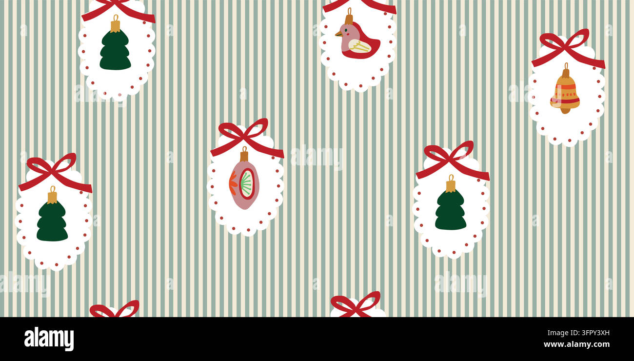 Motif vintage de Noël avec d'élégantes rayures verticales vertes, des rosettes décoratives blanches et des ornements classiques représentant des oiseaux, des sapins de Noël et des cloches avec des nœuds rouges. Vacances scandinaves nostalgiques. Illustration vectorielle Illustration de Vecteur