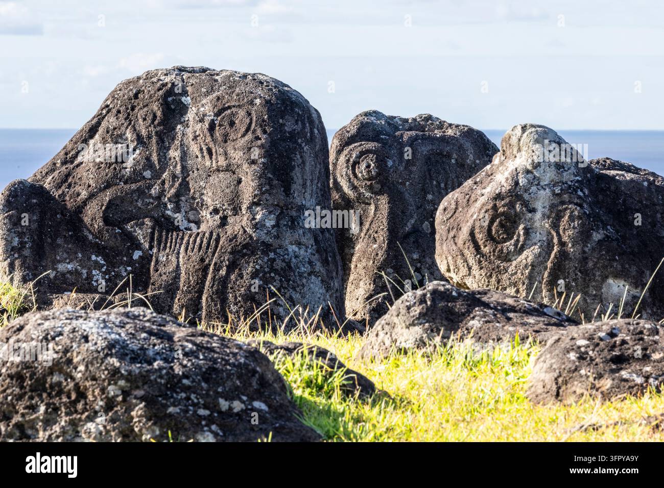 Pétroglyphes du culte de l'homme-oiseau à Orongo, Rano Kau, Rapa Nui (Île de Pâques), Chili Banque D'Images