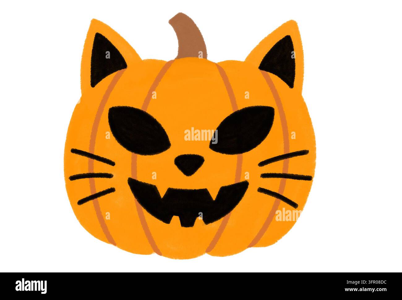 Citrouille d'Halloween mignonne sculptée en forme de visage de chat souriant avec des oreilles et des moustaches Banque D'Images