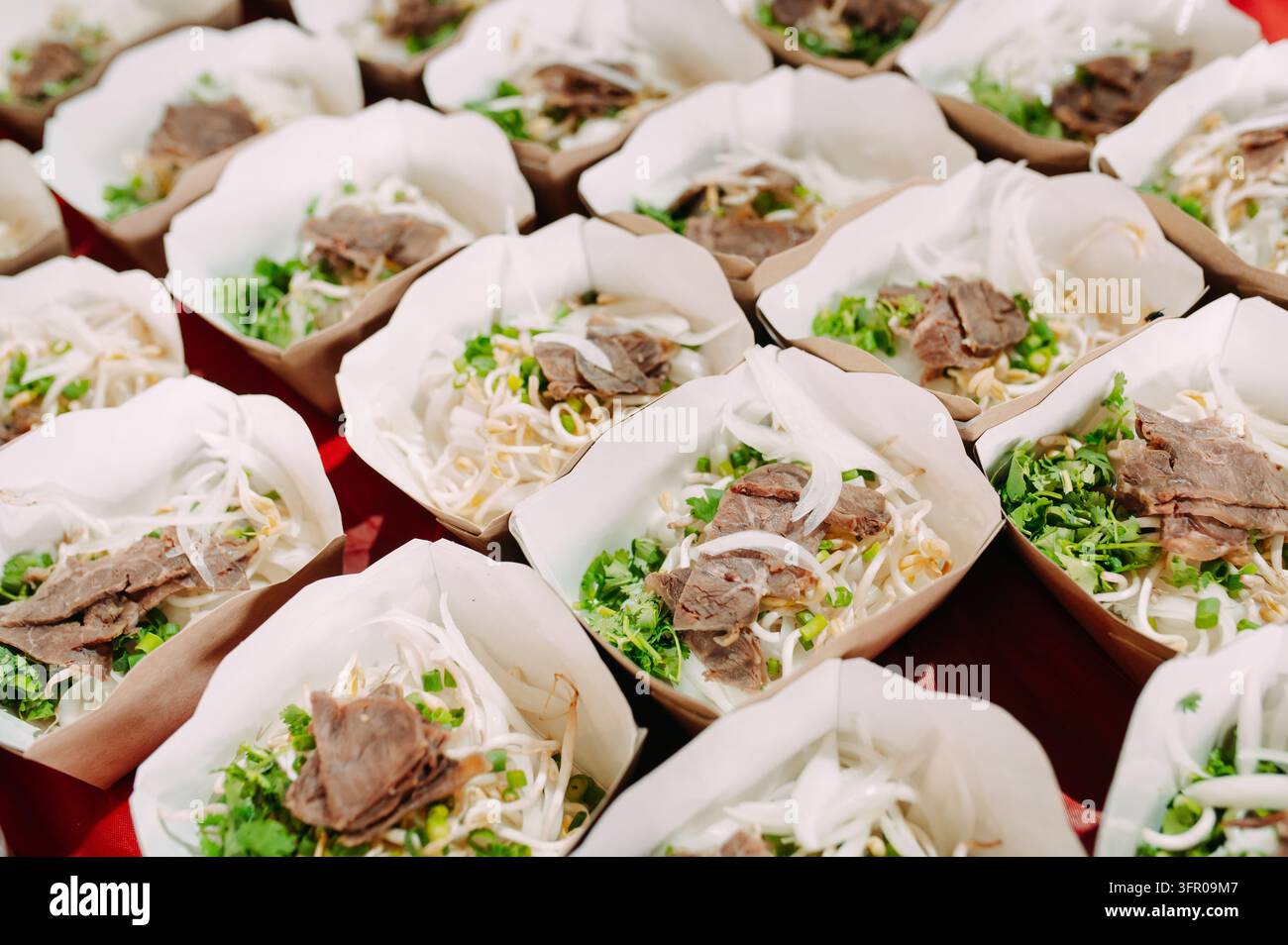 Plusieurs portions de soupe de nouilles au bœuf préparées pour la restauration collective et la distribution alimentaire Banque D'Images