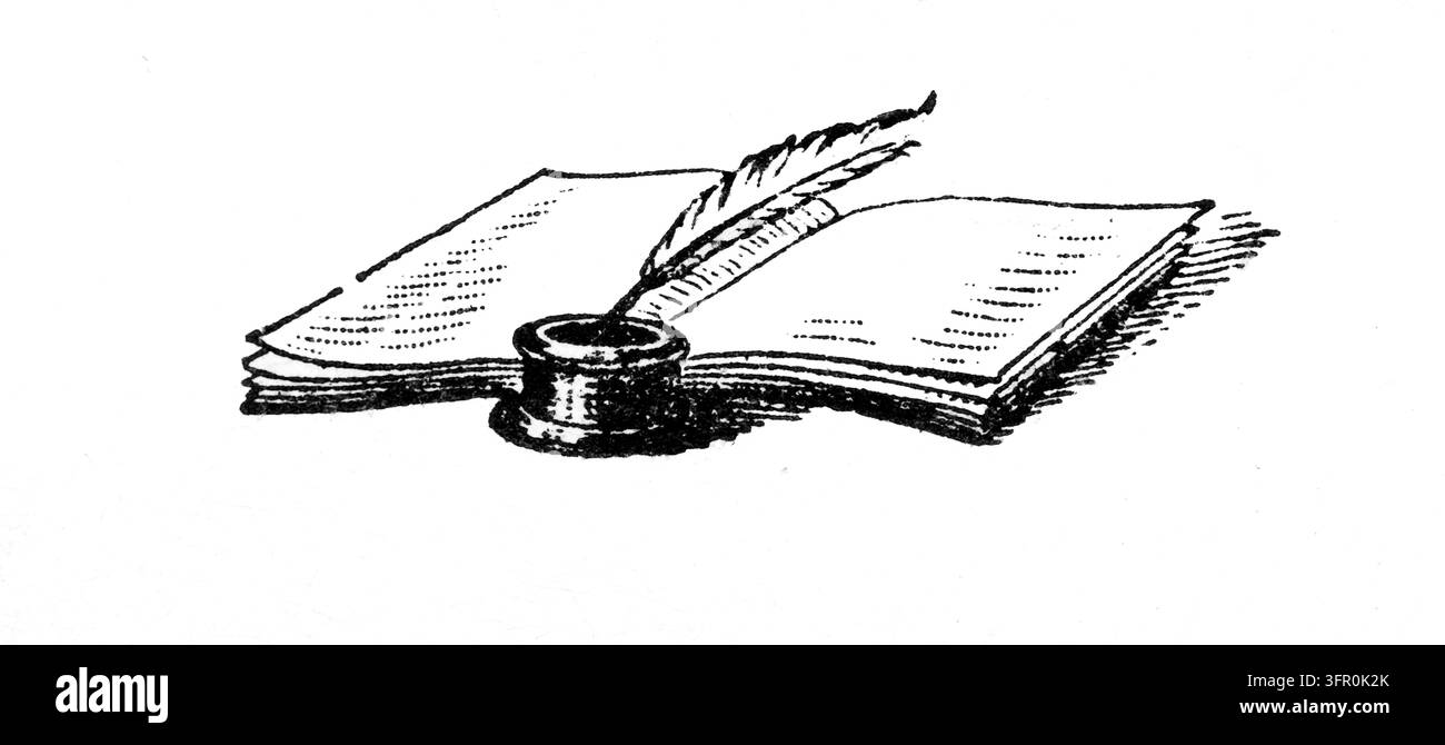 Plume et encrier reposant sur un livre ouvert – Gravure du XIXe siècle. Banque D'Images