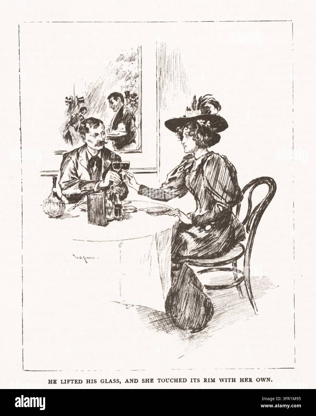 Couple portant un toast avec des verres à vin dans un restaurant, illustration du XIXe siècle. Banque D'Images
