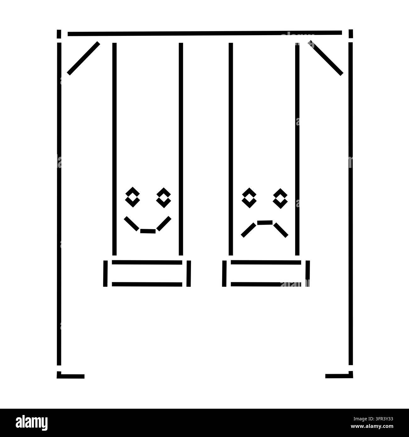 Illustration en trait noir de deux balançoires de terrain de jeu avec des visages heureux et tristes, combinant des images de terrain de jeu avec des émotions contrastées. Banque D'Images