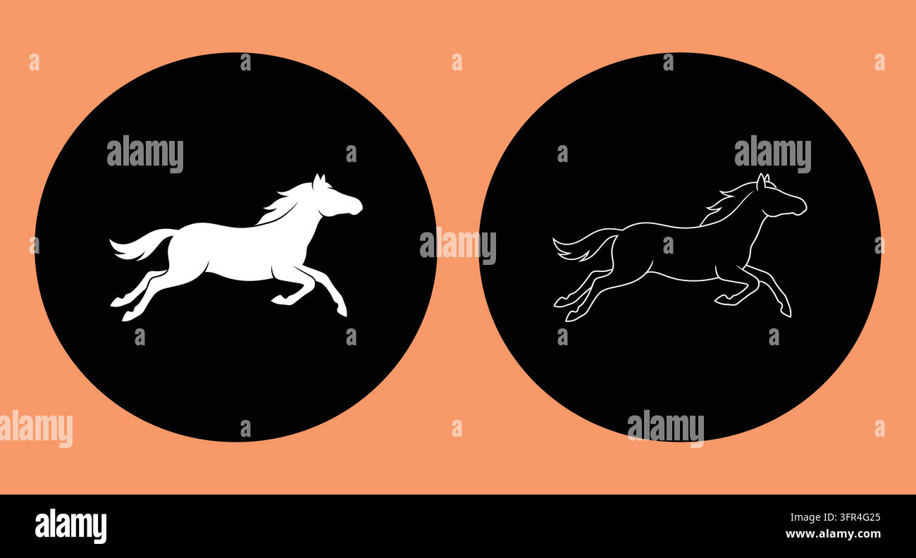 Ensemble de conception circulaire en silhouette de cheval au galop et en art linéaire Illustration de Vecteur