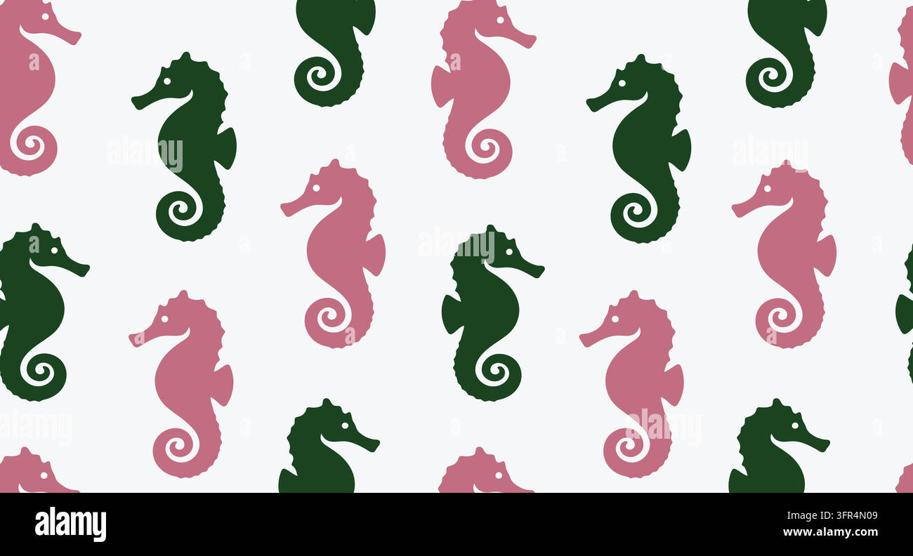 Motif sans couture d'hippocampes roses et verts sur fond blanc avec de la vie marine Illustration de Vecteur