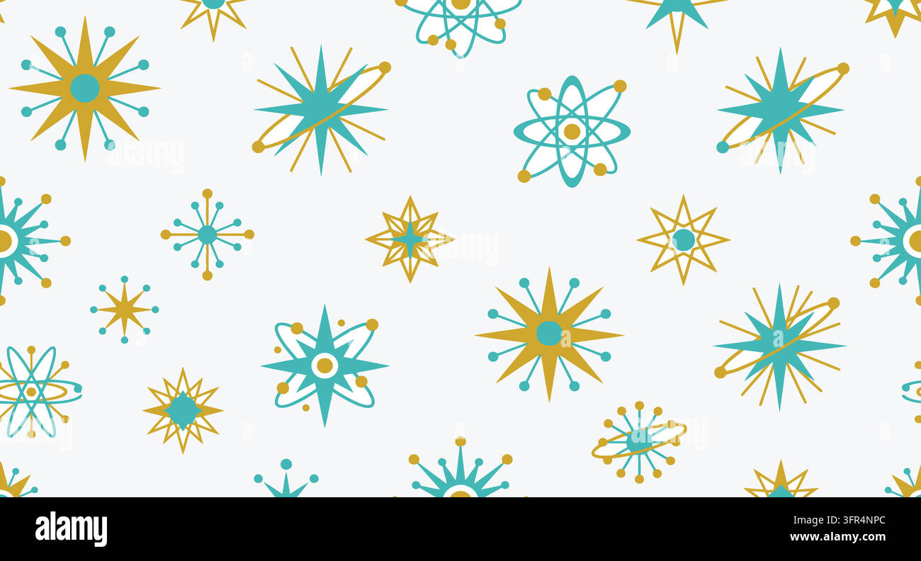 Motif sans couture fantaisiste d'étoiles atomiques rétro et de structures atomiques scientifiques Illustration de Vecteur