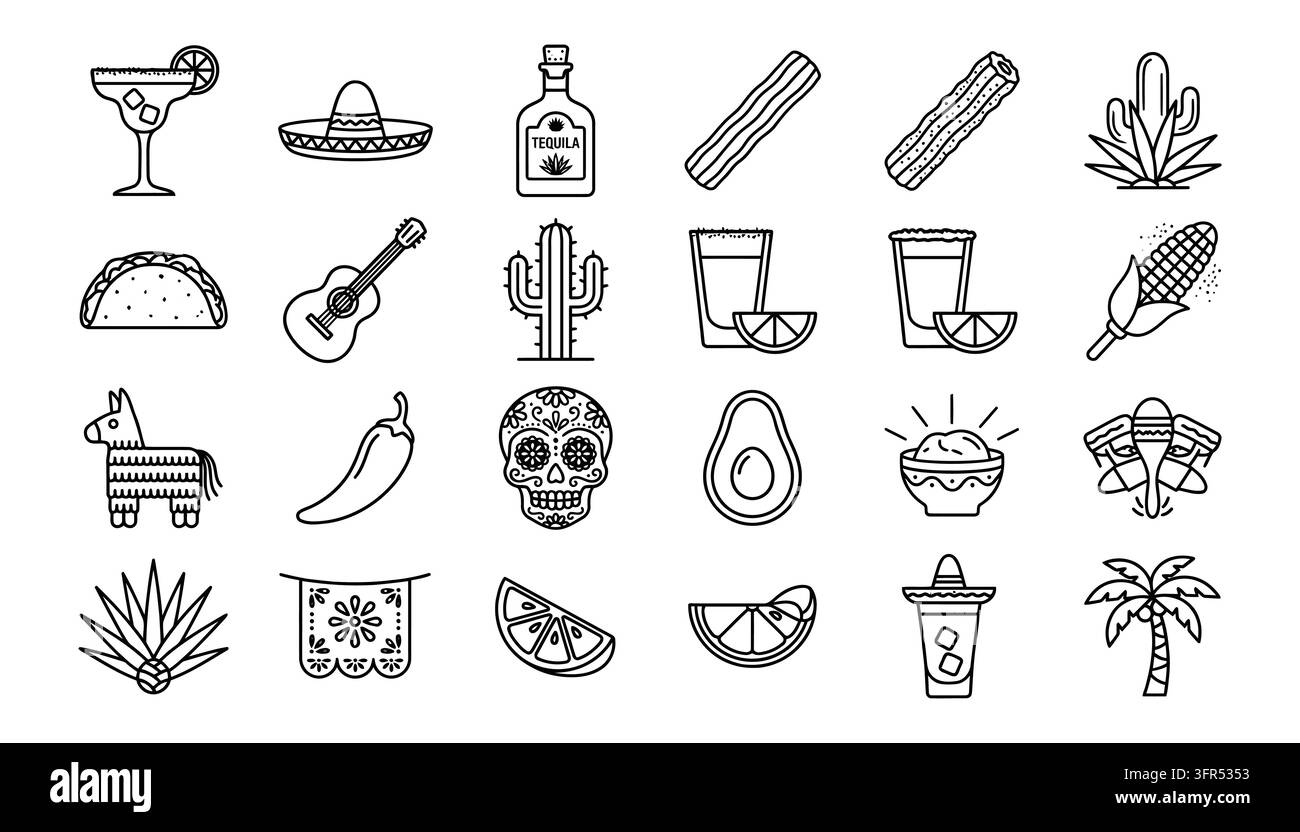 Symboles variés de la culture mexicaine et du voyage dans un style épuré de lignes Illustration de Vecteur