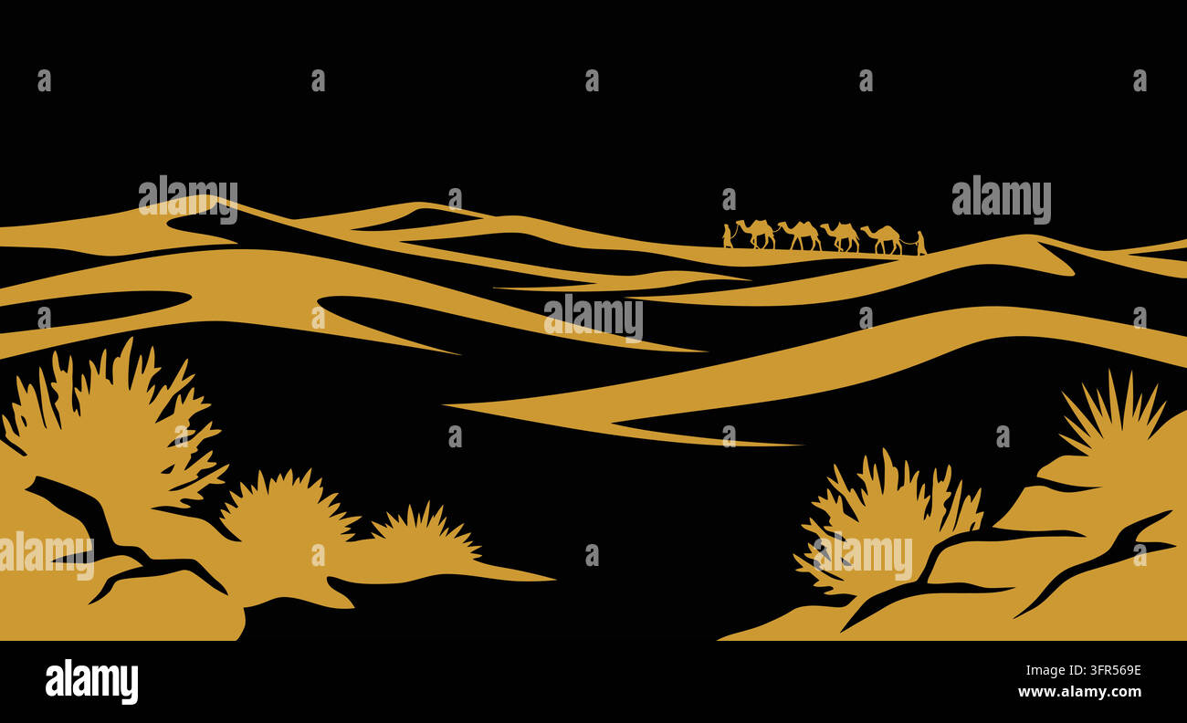 Paysage désertique avec dunes de sable et illustration de plantes sauvages buissonnantes Illustration de Vecteur