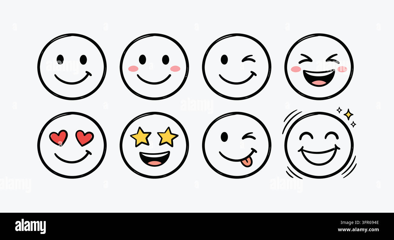 Ensemble d'émoticônes mignons avec diverses expressions faciales et émotions Illustration de Vecteur