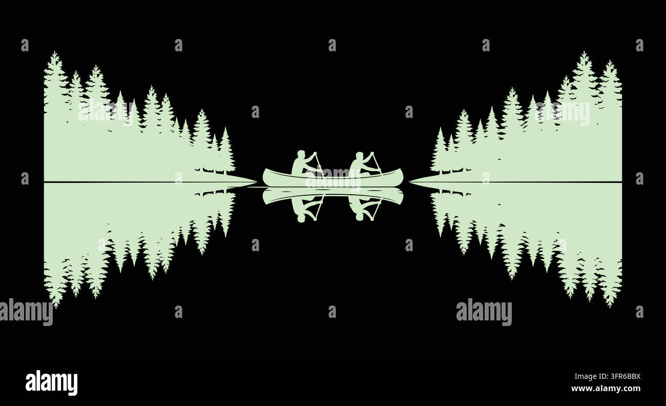 Canoéistes pagayant sur une eau calme entourée d'une forêt de pins denses se reflétant Illustration de Vecteur