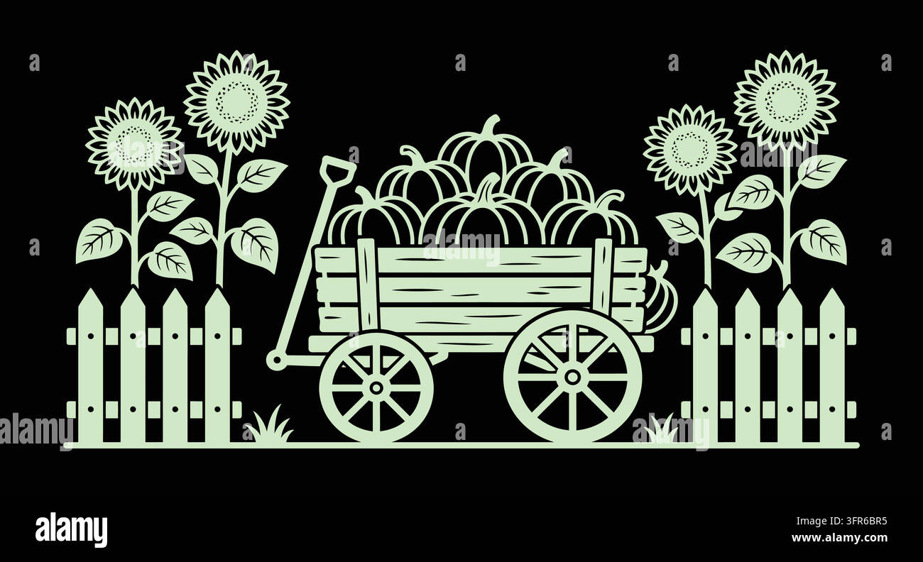 Charrette d'automne rustique chargée de citrouilles entourée de tournesols et de bois Illustration de Vecteur