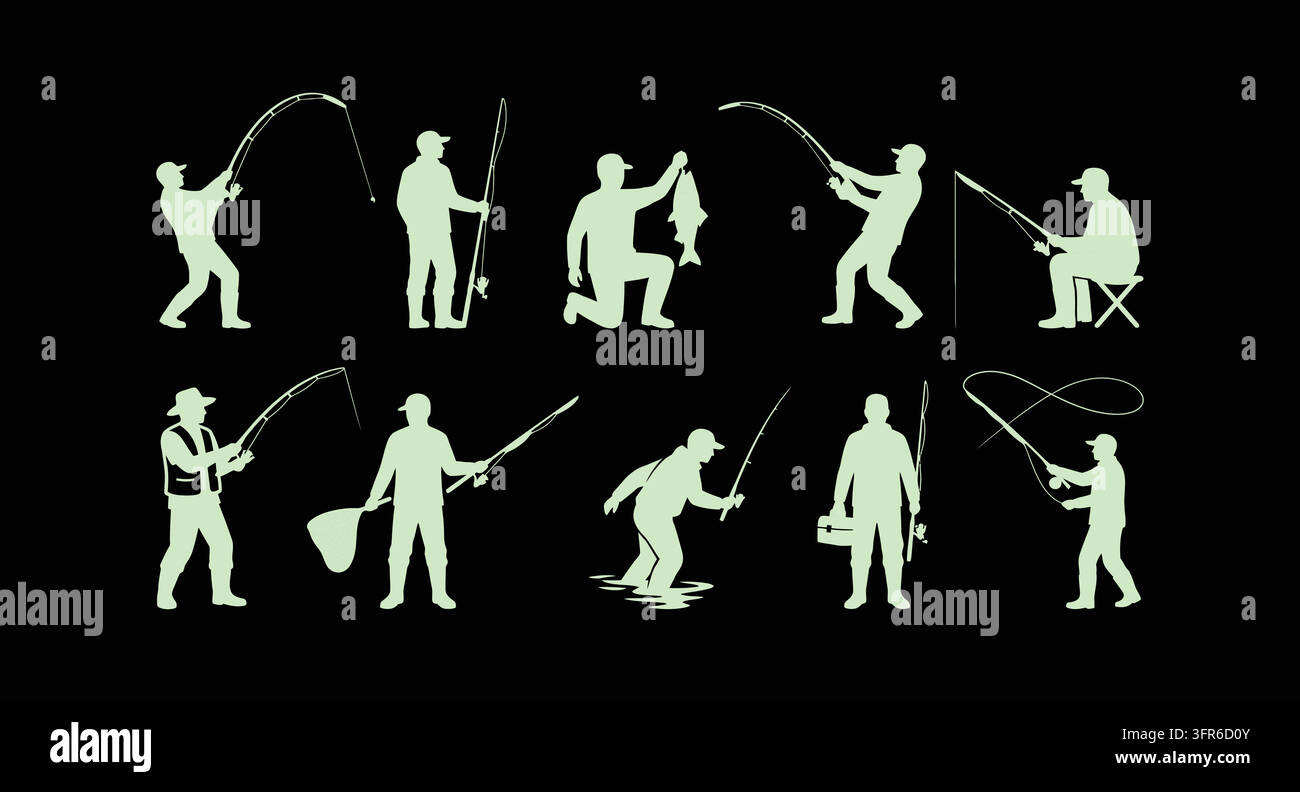 Collection de silhouettes d'hommes pêcheurs engagés dans diverses activités de pêche à la ligne Illustration de Vecteur