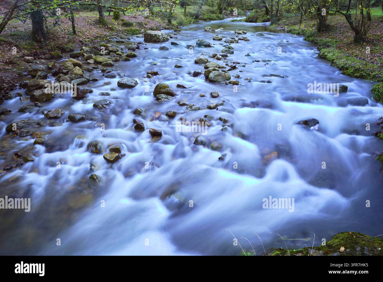 Une vue sereine et pittoresque sur la rivière Bayones qui coule sur les rochers à Ucieda, vallée de Cabuerniga, Cantabrie, Espagne. L'exposition longue capture le w Banque D'Images