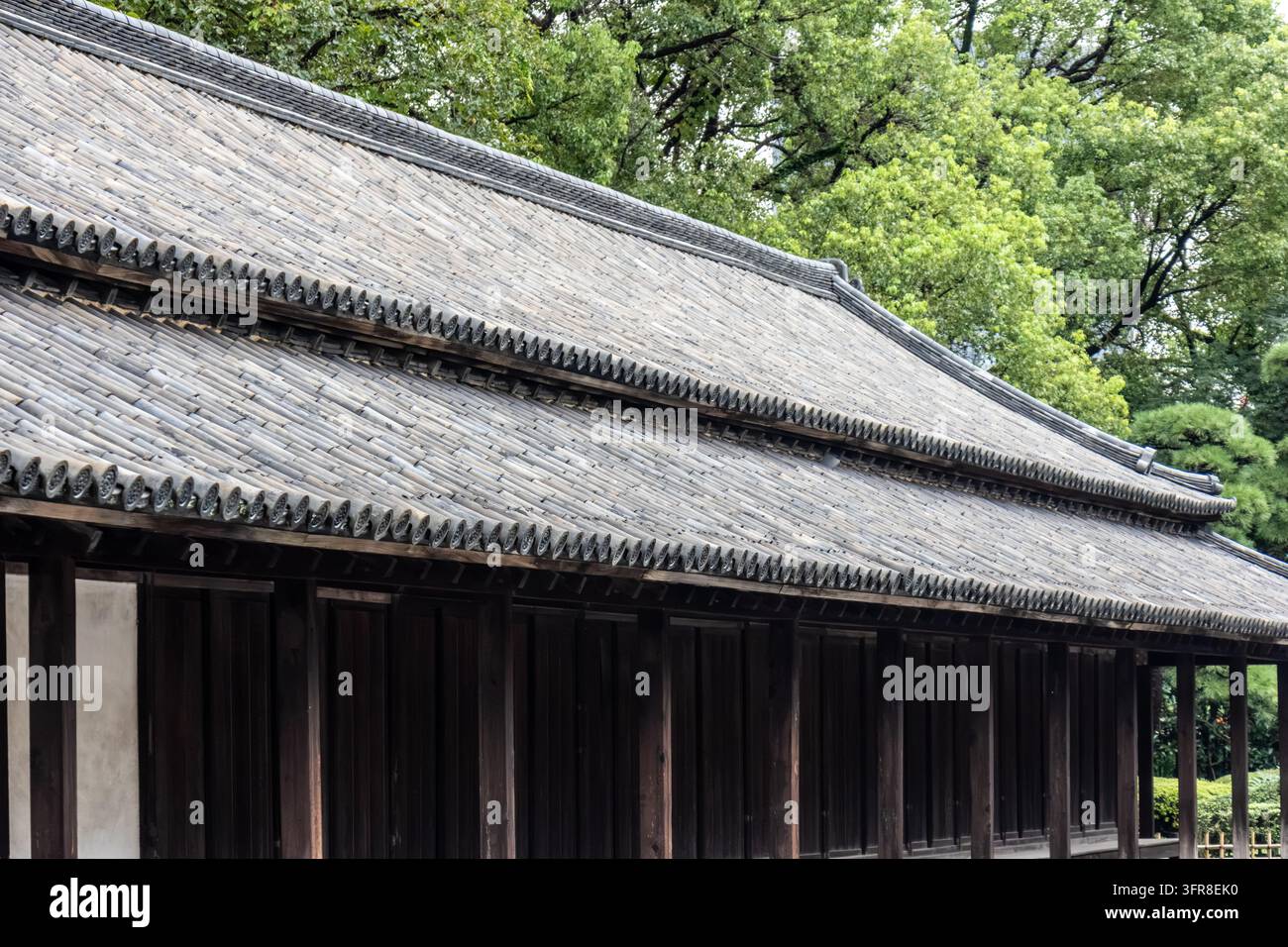 Vue détaillée d'un long toit en tuiles et de colonnes en bois sur un bâtiment historique du palais impérial de Tokyo, Japon Banque D'Images