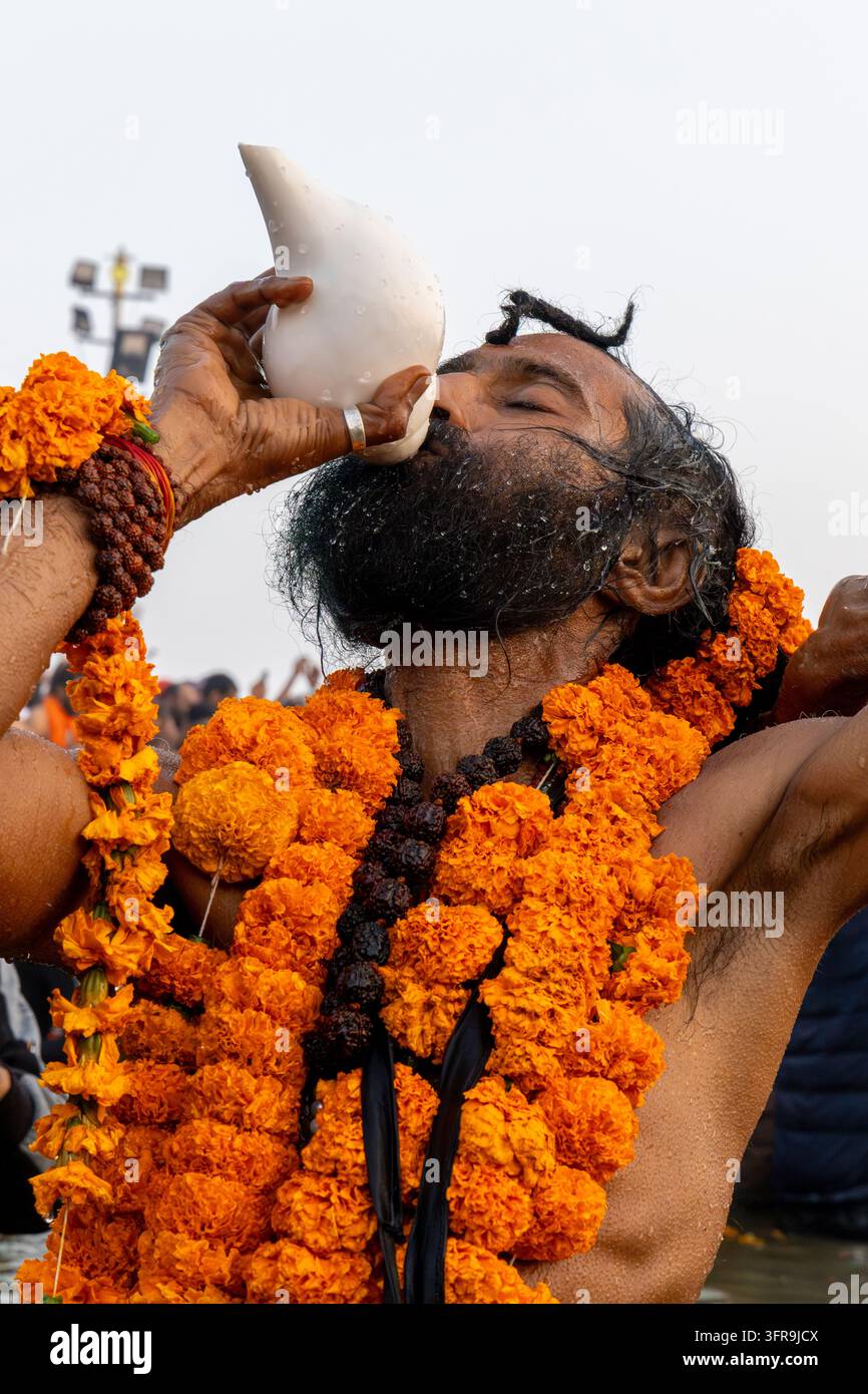 Naga Sadhu avec des guirlandes de fleurs de marigold souffle une conque blanche debout dans la rivière lors du Maha Kumbh Mela, Uttar Pradesh, Prayagraj, Inde Banque D'Images