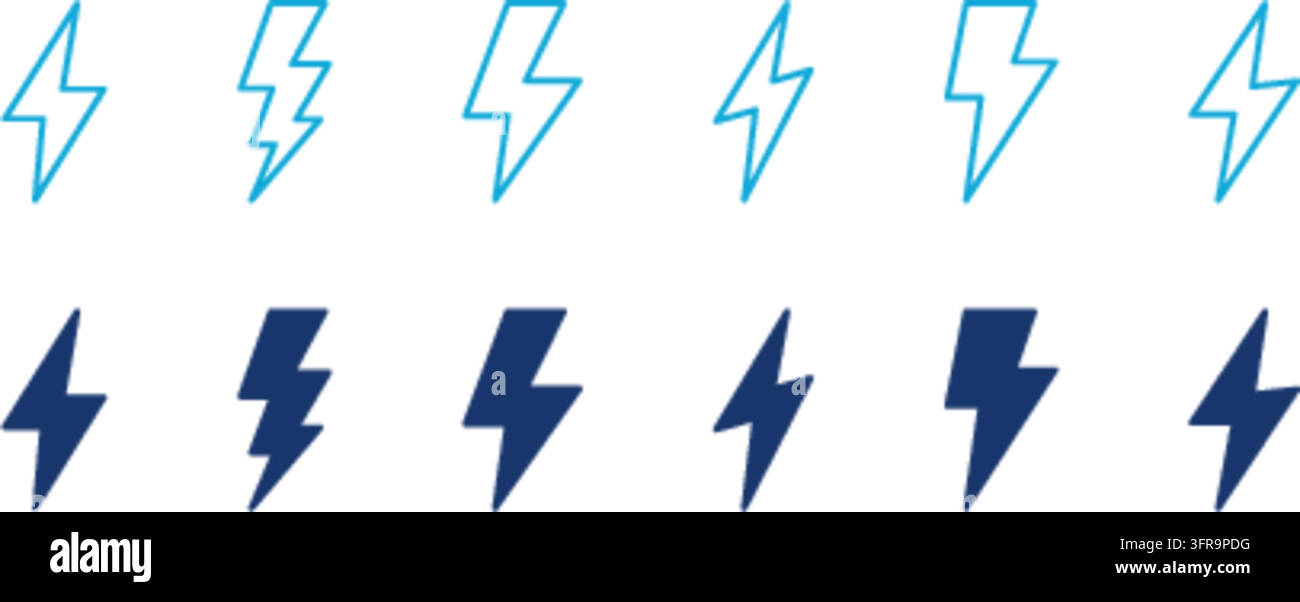 Collection d'icônes vectorielles en forme d'éclair affichées en deux rangées avec des variations en contour et en plein, sur un fond blanc épuré, idéal pour électrique Illustration de Vecteur
