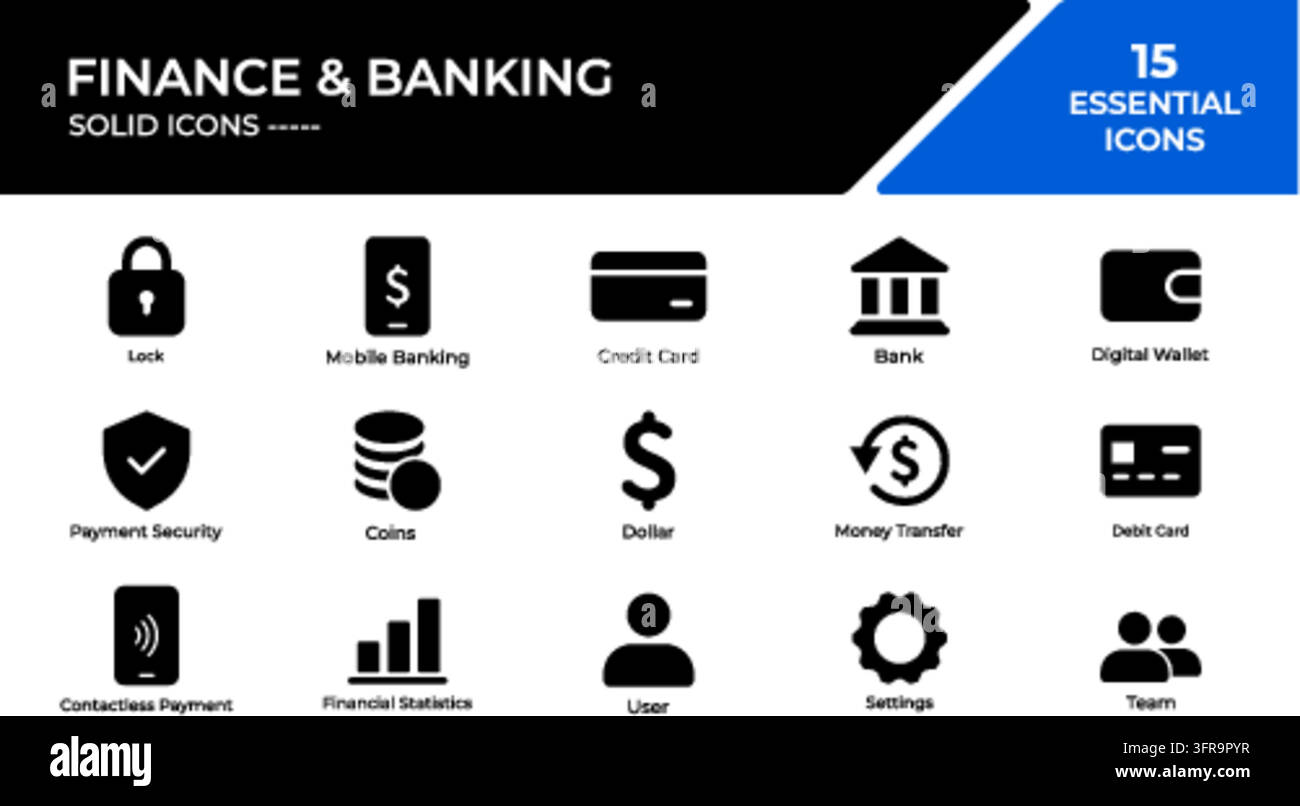 Collection de quinze icônes vectorielles noires minimalistes représentant des thèmes financiers et bancaires, y compris serrure, banque mobile, carte de crédit, banque b Illustration de Vecteur