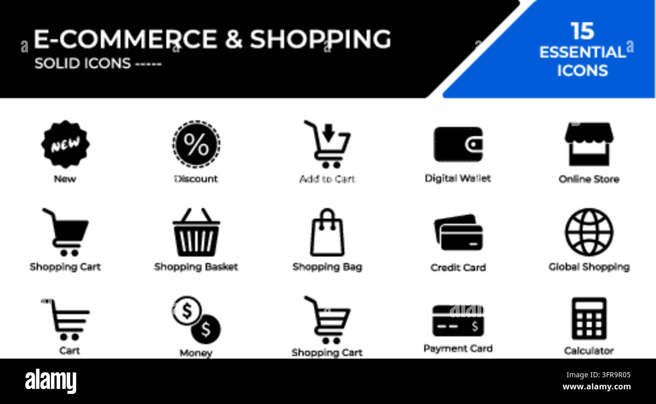 Une collection de quinze icônes vectorielles solides essentielles représentant le commerce électronique, la vente au détail et les achats en ligne, comprenant des articles tels que des paniers d'achat, des sacs, Illustration de Vecteur