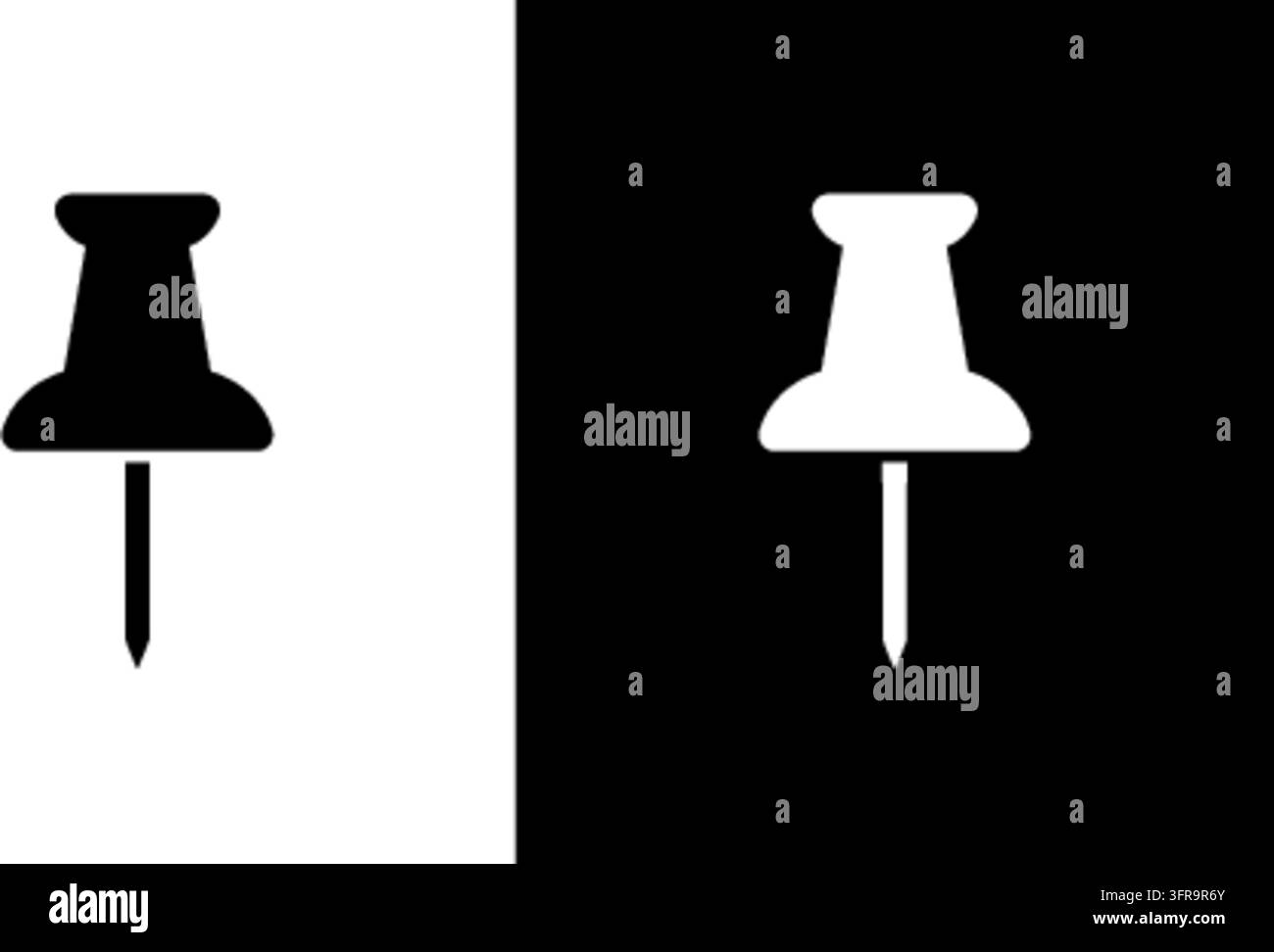 Deux icônes minimalistes de punaises représentées en styles vectoriels pleins et contours contre des arrière-plans noirs et blancs contrastés, idéales pour le bureau et l'organizat Illustration de Vecteur