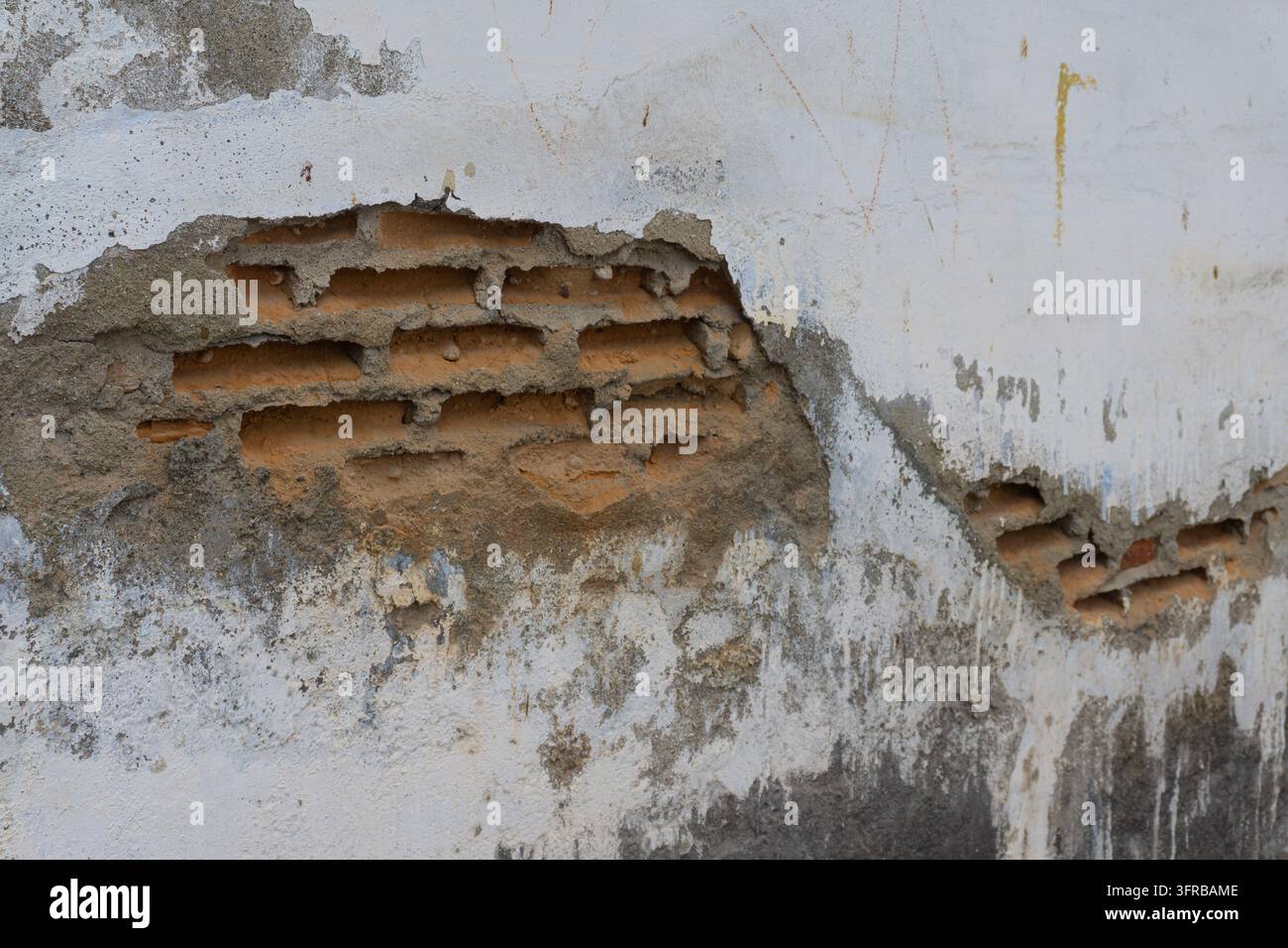 Enduit blanc effrité sur un vieux mur exposant des briques orange et des joints de mortier, gros plan d'une surface murale endommagée Banque D'Images
