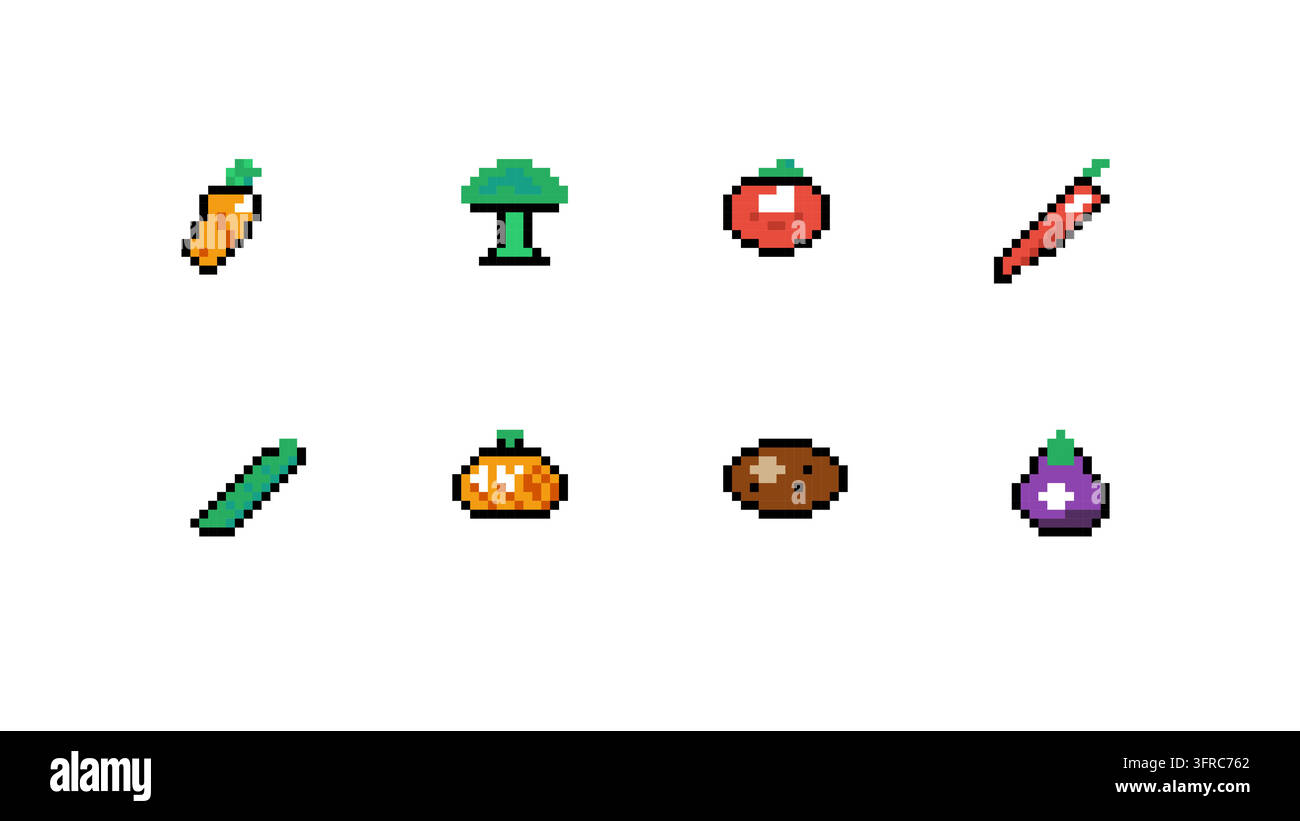 Ensemble vectoriel professionnel d'icônes de légumes en pixel art comprenant carotte, brocoli, tomate, piment, concombre, citrouille, pomme de terre et aubergine pour gami rétro Illustration de Vecteur