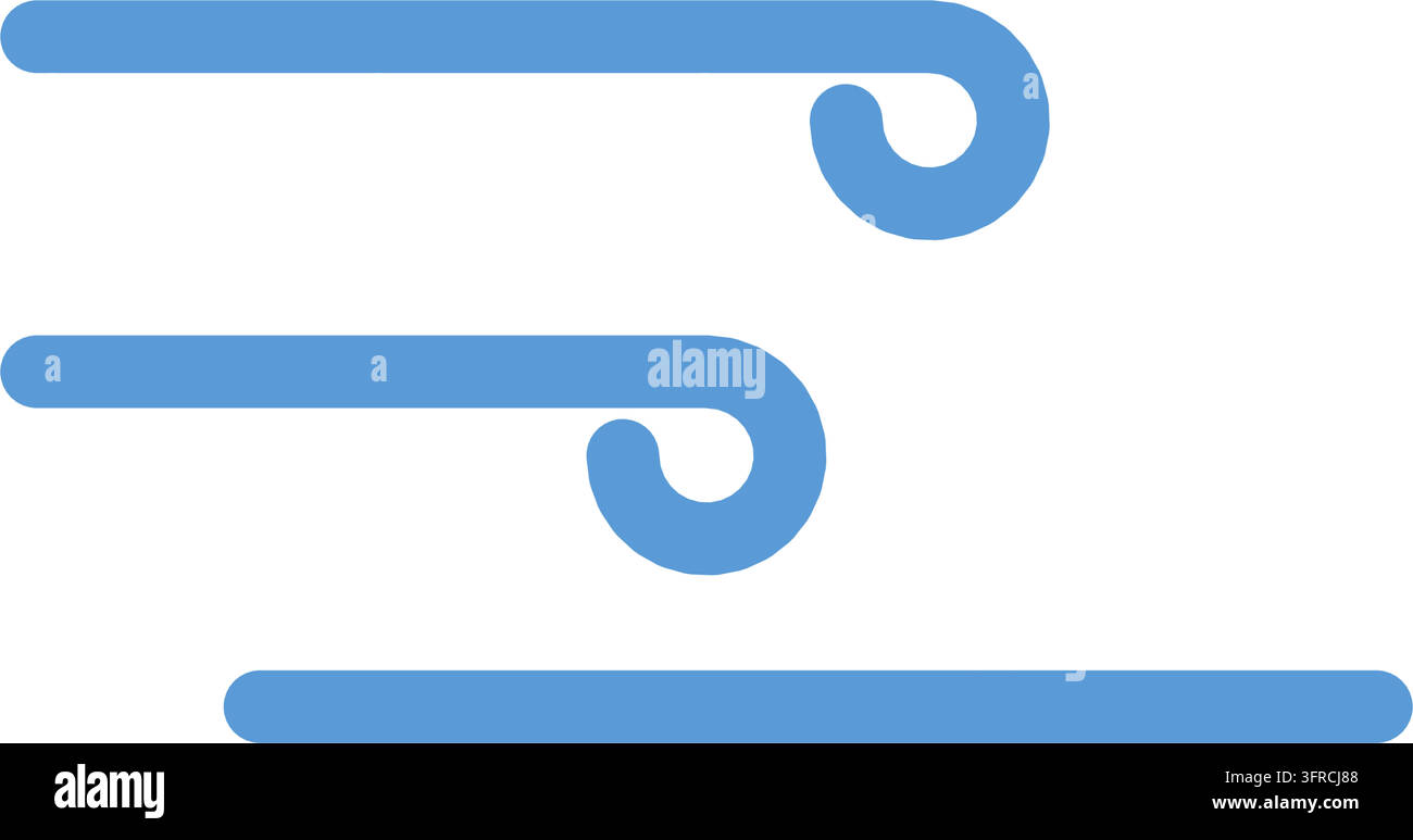 Illustration vectorielle plate de trois lignes de rafales de vent bleues incurvées avec des boucles tourbillonnantes, isolées sur blanc. Icône météo pour le vent, la brise et le mouvement de l'air. Illustration de Vecteur