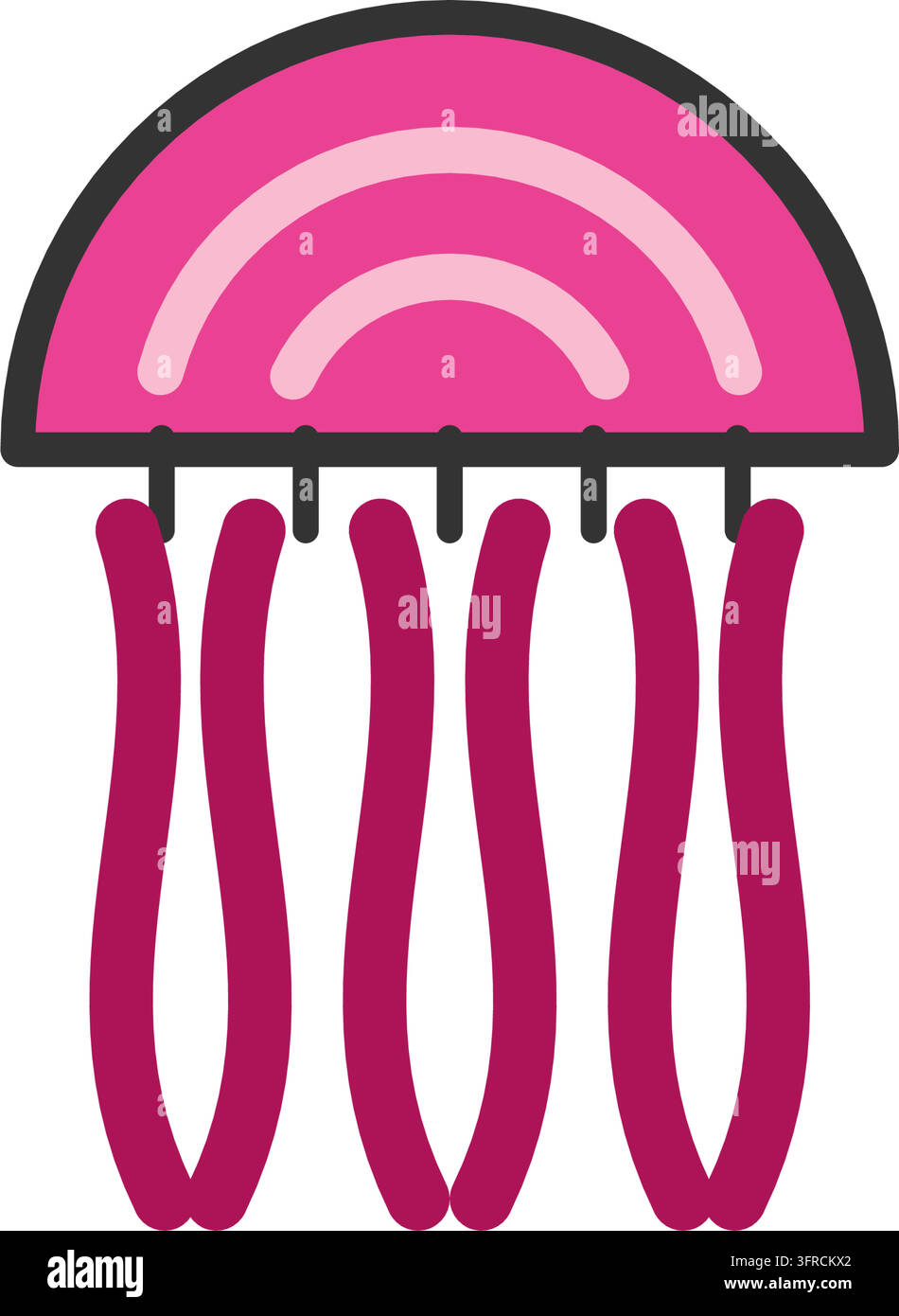 Illustration vectorielle plate d'une méduse rose avec une cloche en dôme et des tentacules ondulés, isolée sur fond blanc. Créature océanique et icône d'aquarium. Illustration de Vecteur