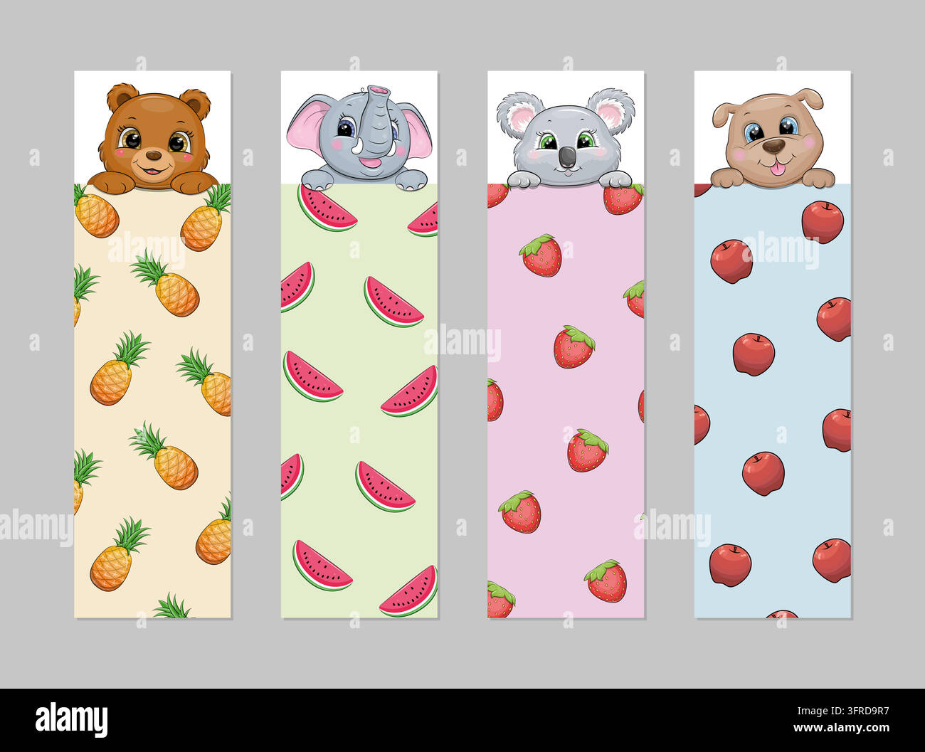 Ensemble de marque-pages avec des animaux et des fruits. Illustration vectorielle d'ours, d'éléphant, de koala, de chien avec pomme, fraise, pastèque et ananas. Illustration de Vecteur