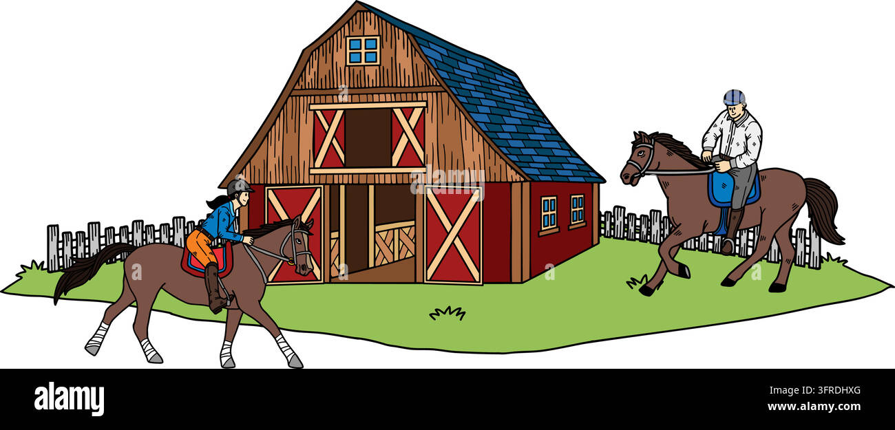Une femme et un homme montent à cheval dans une grange Illustration de Vecteur