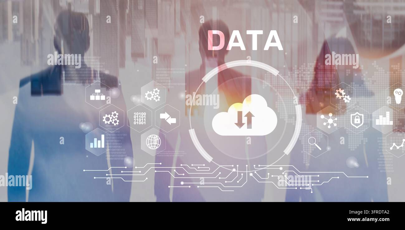 Plateforme de cloud computing de données pour le stockage et la synchronisation des données professionnelles avec icônes de téléchargement et de téléversement dans le cloud Banque D'Images