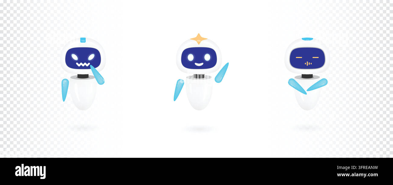 Adorables assistants robotiques IA blancs et bleus avec des expressions furieuses, heureuses et endormies dans des poses variées sur un fond quadrillé subtil. Illustration de Vecteur