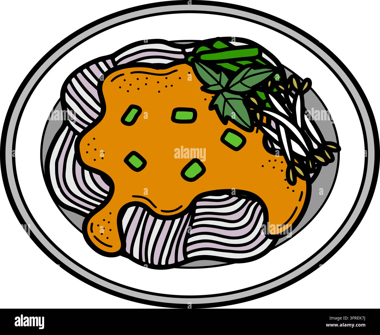Vermicelles de riz avec sauce au curry de poisson et légumes frais kanom jeen nam ya cuisine thaïlandaise Illustration de Vecteur