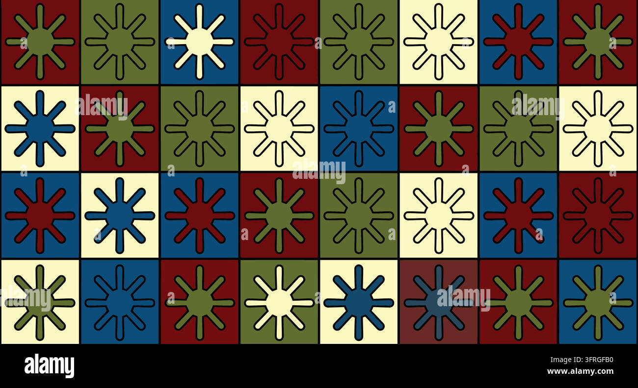 Formes géométriques abstraites en éclosion d'étoiles arrangées dans une grille carrée multicolore Illustration de Vecteur