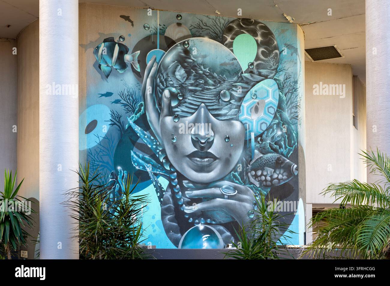 À la recherche de l'équilibre Art de rue par Wayne Pruse, Cronulla, NSW, Australie Banque D'Images