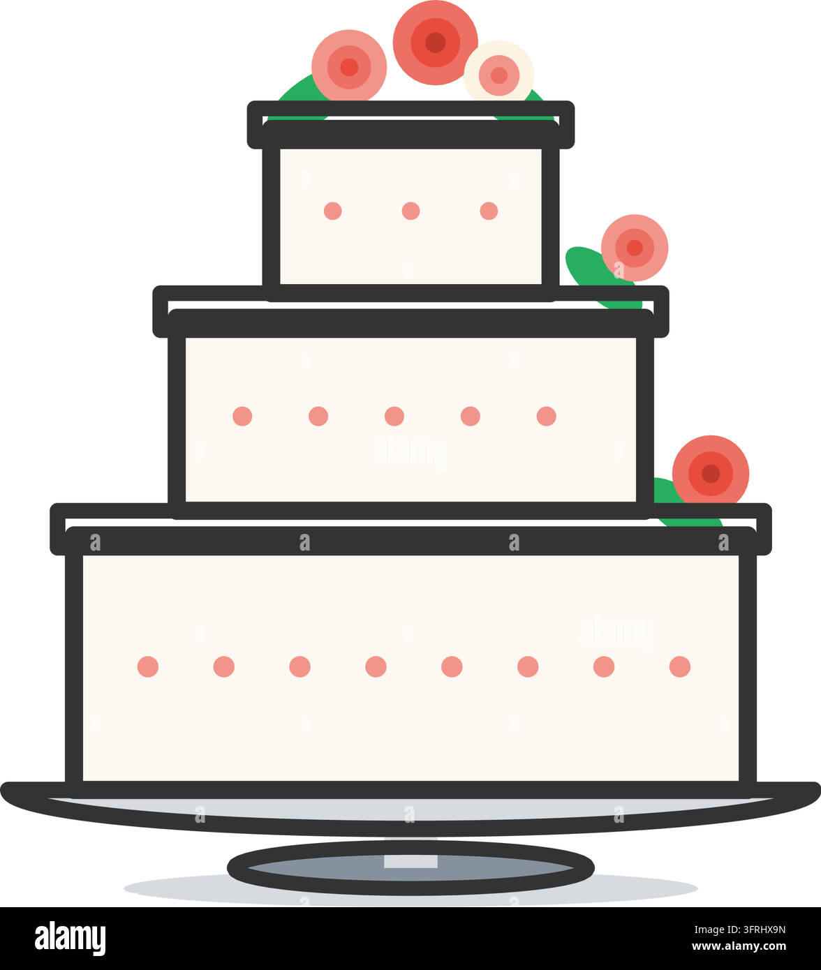 Gâteau de mariage blanc à trois étages élégant sur un support en argent avec des roses et des points pipés. Illustration vectorielle plate, isolée sur fond blanc. Illustration de Vecteur